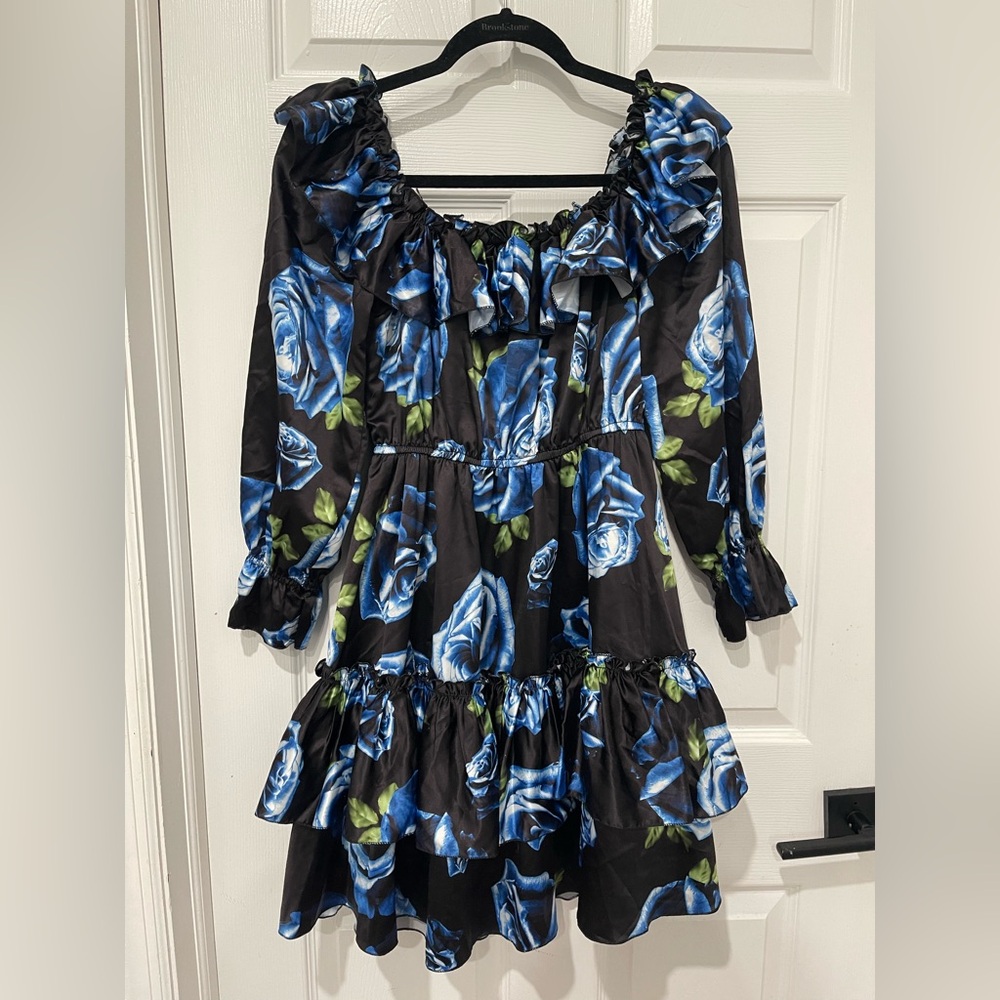 Floral Ruffle Dress with Blue Roses - Picture 2 of 2